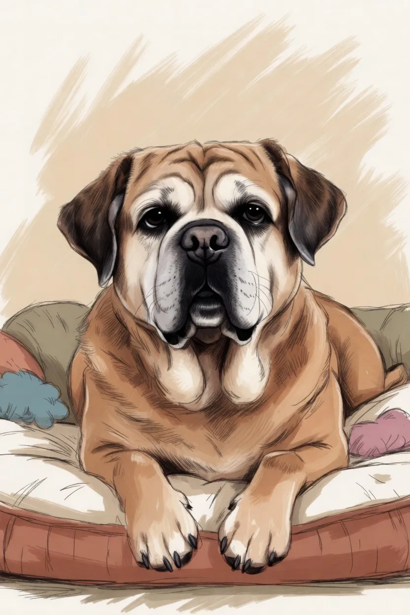 Illustration of a senior pug resting on a soft cushioned orthopedic dog bed.