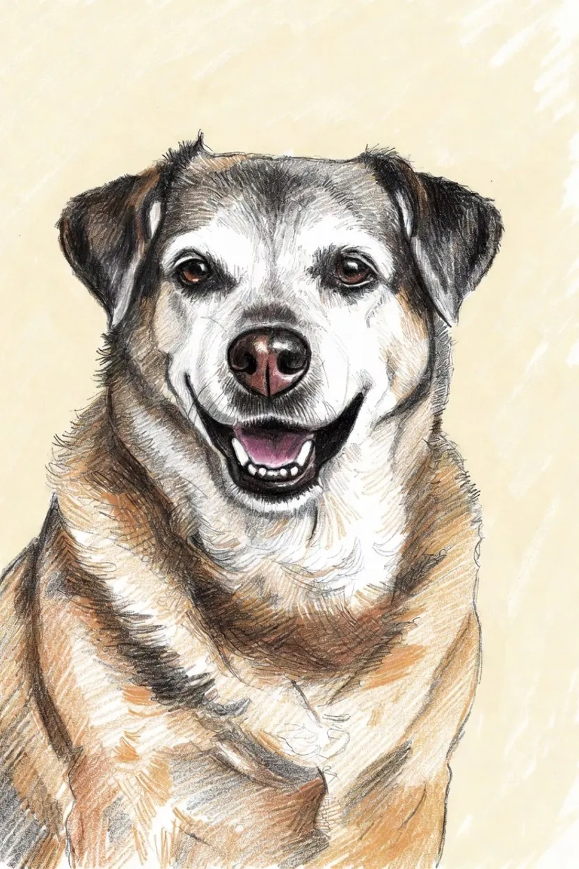 Illustration of a senior dog having its teeth gently checked, calm and relaxed.
