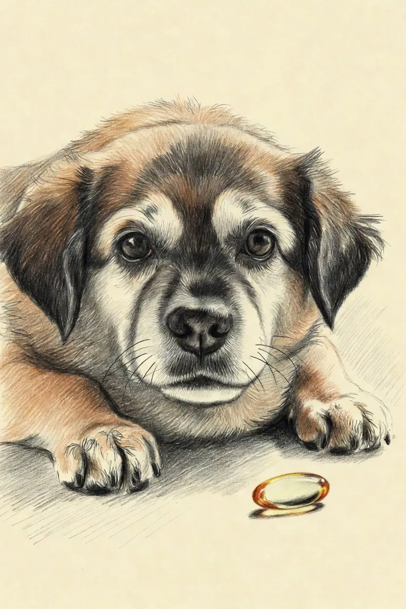 Illustration of a senior dog beside a small amber fish-oil capsule.