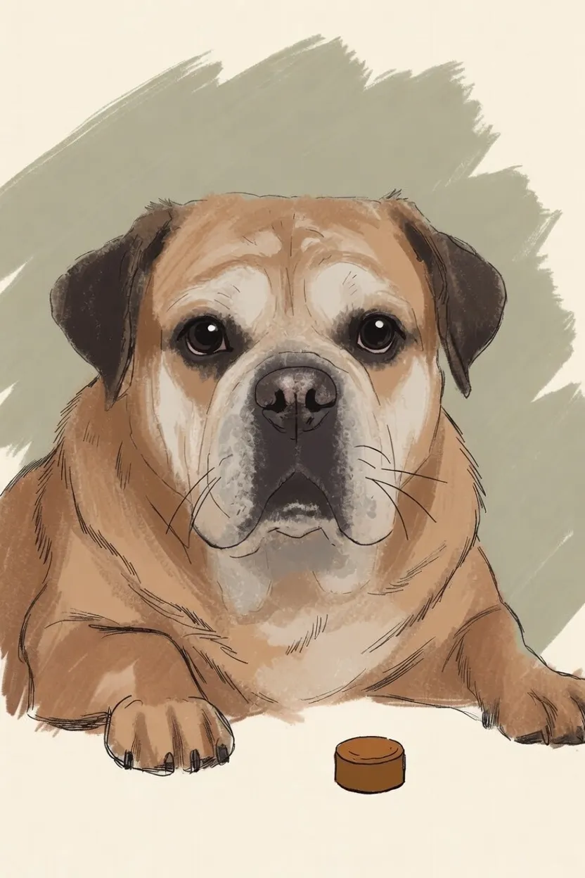 Illustration of a senior dog lying down beside a round joint-supplement chew.