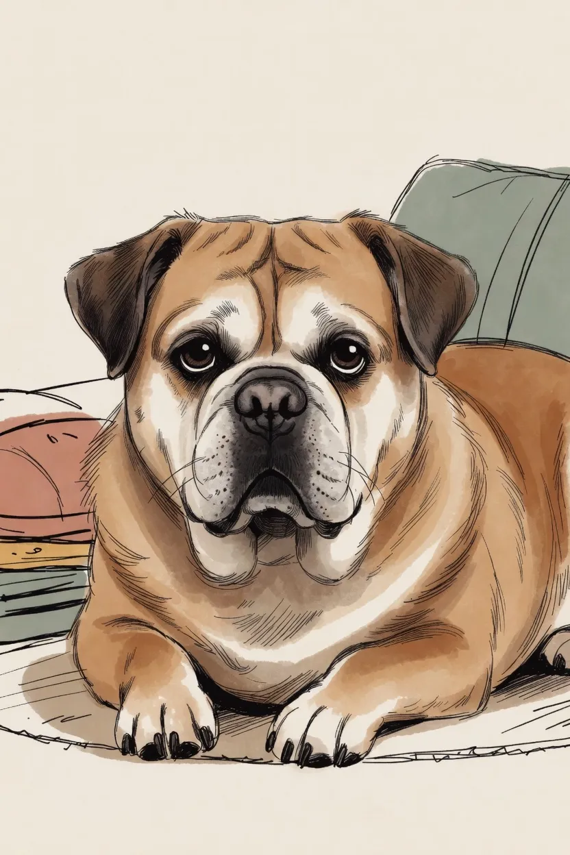 Illustration of a senior dog resting comfortably among soft floor cushions in a senior-friendly home.
