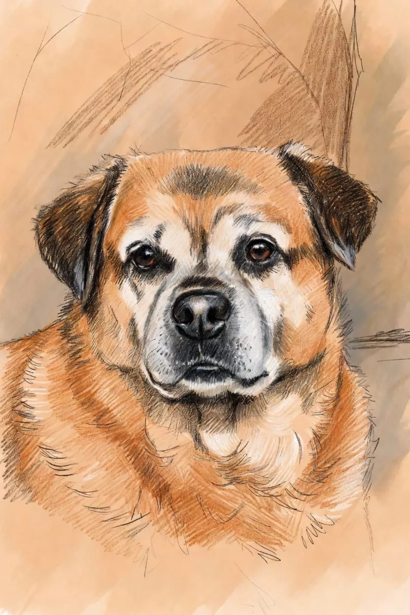 Sketch illustration of a senior dog's face, gazing calmly at the viewer.