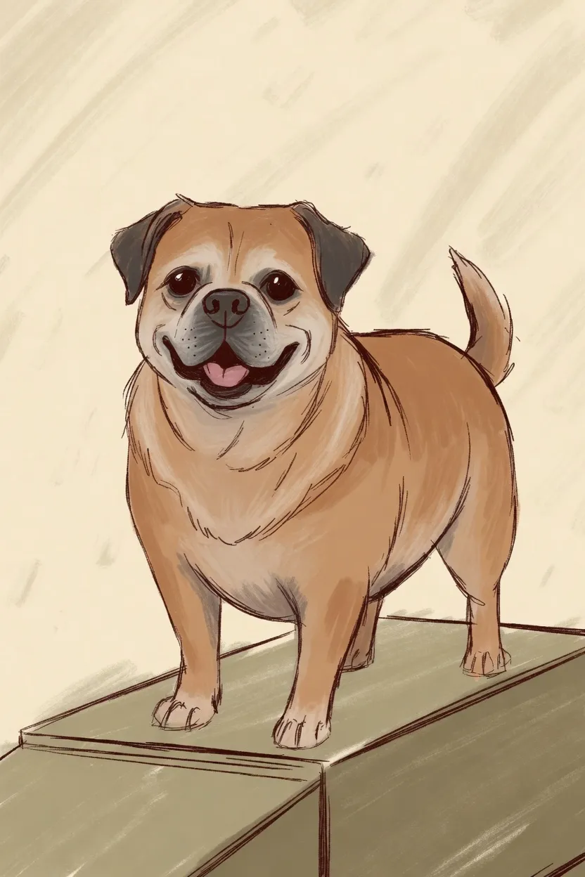 Illustration of a small senior dog standing on a gray pet ramp.