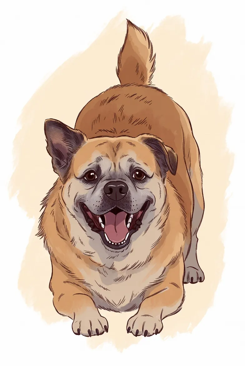 Illustration of a happy senior dog with a graying muzzle, smiling up at the viewer.