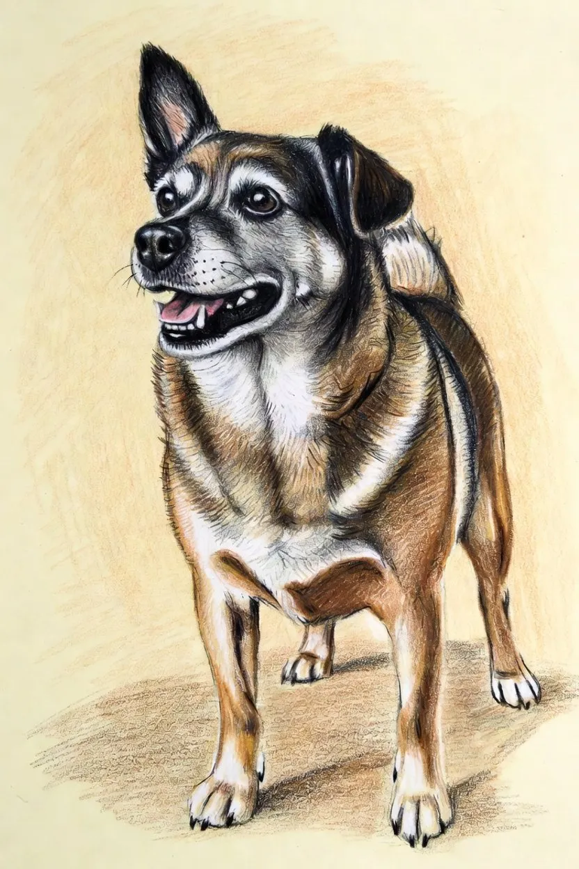 Illustration of a trim, content senior dog standing comfortably in profile.